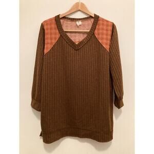 Cato Top Womens Large Rust Brown Mixed Print Ribbed Long Sleeve Stretch Flowy